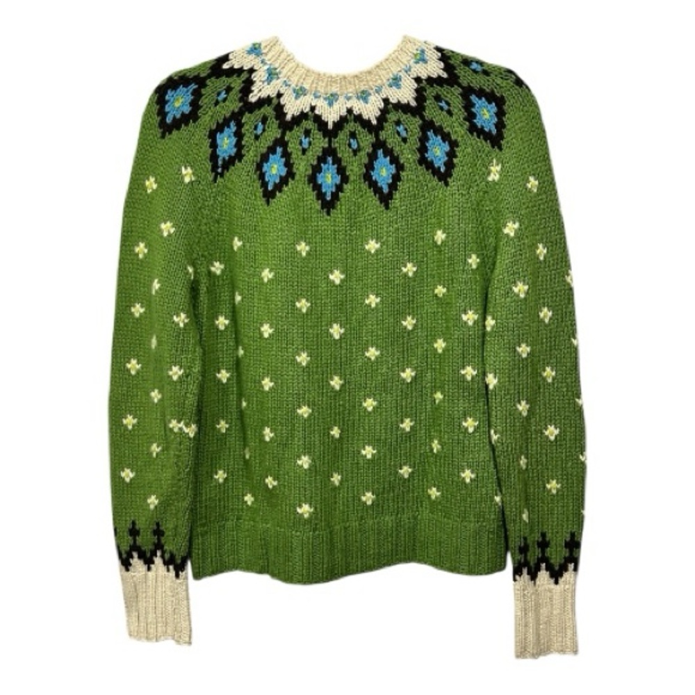 J. Crew Hand knit Fair Isle Crew Neck Sweater Angora Cashmere Wool Blend Green L - Picture 7 of 9